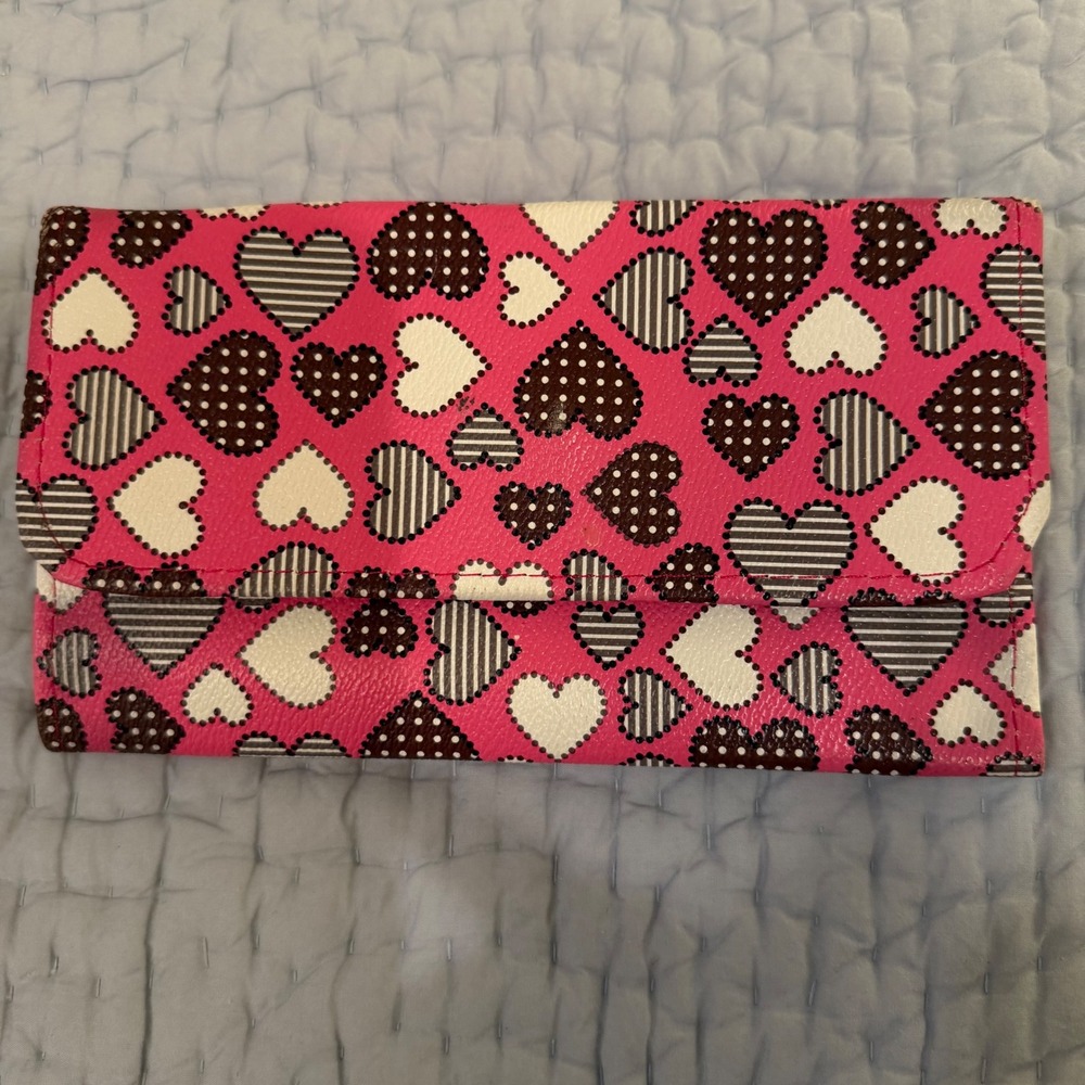 Pink Heart Print Trifold Wallet with Color Coded Interior Organizer Pockets